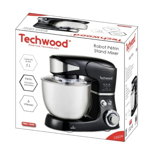 Robot Pétrin Multifonction Techwood 6 Vitesse 5 L 1000W Avec Bol En Inox Noir - عجانة 5 لتر