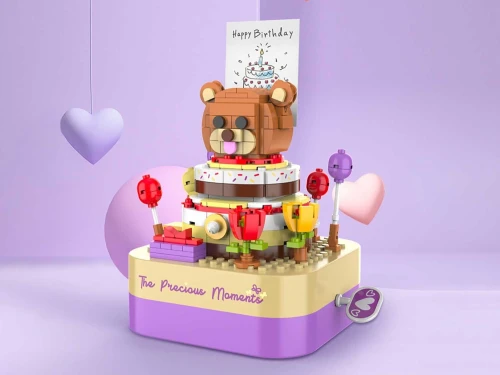 Boîte Musicale et Lego Blocs à Construire Rotatif - Forme Gâteau Anniversaire Ourson