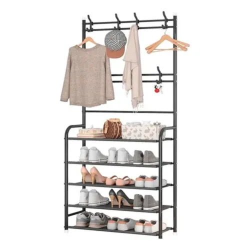 Porte Manteau avec Étagères à Chaussures 5 Niveaux - Meuble d Entrée 2 en 1 Métalique