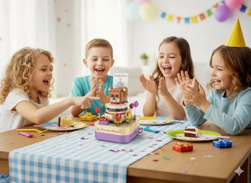 Boîte Musicale et Lego Blocs à Construire Rotatif - Forme Gâteau Anniversaire Ourson