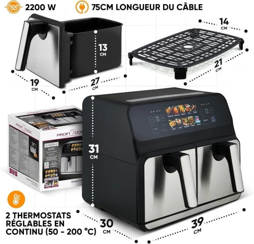 Friteuse Air Fryer sans huile 8L 2200W Double Tiroirs Avec Minuterie Proficook - مقلاة هوائية
