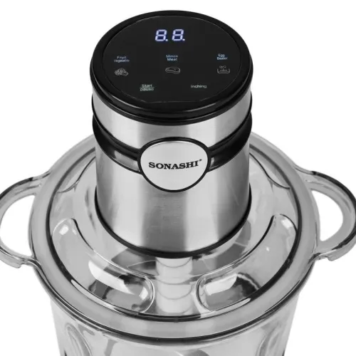 Hachoir Electrique Tactile 2 En 1 Verre Et Inox Sonashi - 6 Lames Avec Eplucheur d'Ail Et Batteur