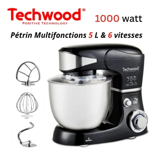 Robot Pétrin Multifonction Techwood 6 Vitesse 5 L 1000W Avec Bol En Inox Noir - عجانة 5 لتر