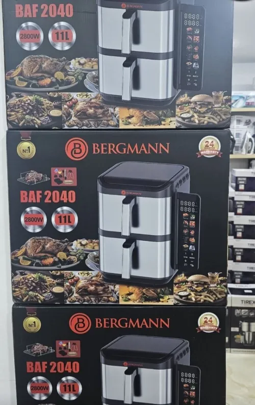 Friteuse Air Fryer Sans Huile Bergmann Double Bac Vertical 11 L 2800 W Façade En Inox - مقلاة هوائية