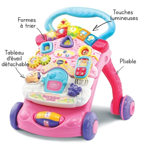 VTech Super Trotteur Parlant 2En1 pour Bébé Pliable Rose - Version FR - Cadeau Bébé