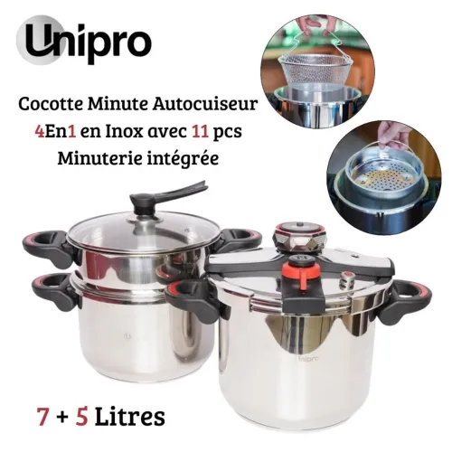 UniPro Cocotte Minute Autocuiseur 7 + 5 Litres 11 Pièces Inox Avec Minuterie - Compatible Tous Feux