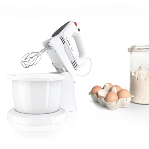Batteur à main et avec Bol Bosch CleverMixx 375W - 4 Vitesses et Turbo et 2 fouets 2 crochets pétrin - Made in Slovenia