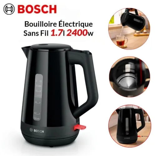 Bouilloire Électrique BOSCH - Sans Fil 1.7L 2400W avec Filtre Anti Calcaire Noir - غلاية كهربائية