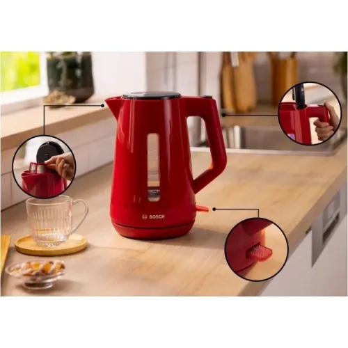 Bouilloire Électrique BOSCH Sans Fil - 1.7L 2400W avec Filtre Anti Calcaire Rouge - غلاية كهربائية