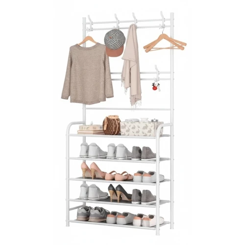 Porte Manteau avec Étagères à Chaussures 5 Niveaux - Meuble d Entrée 2 en 1 Métalique