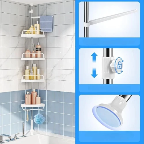 Étagère De Coin Réglable 4 étages avec Porte-Serviettes 15kg 260cm pour Douche et Salle de bain 