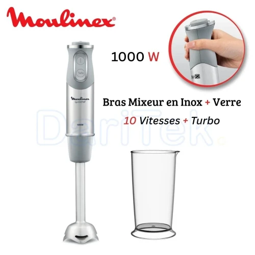 Bras Mixeur Plongeant Moulinex QuickChef Inox 1000W 10 Vitesses Avec Verre 800ml Technologie Powelix DD65AD10 - خلاط يدوي