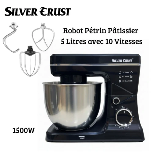 Robot Pétrin Pâtissier Silver Crust 1500W Bol Inox 5L avec 10 Vitesses et 3 Accessoires - عجانة