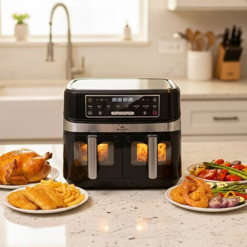 Friteuse Air Fryer Matrix Double Tiroirs 9L 1600W À Air Chaud - 8 Programmes Tactile Double zone