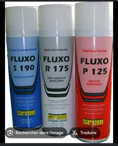 Produits d inscription - Pénétrant (rouge) pour ressuage.   -Révélateur blanc -   solvant de dégraissage et de nettoyage - Peinture de contraste blanche pour la magnétoscopie.