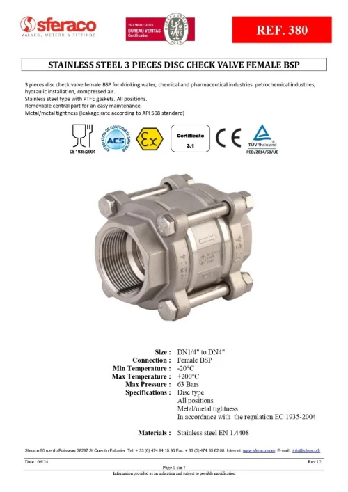Clapet anti-retour 3 pièces inox à disque femelle BSP ACS DN40 et DN100