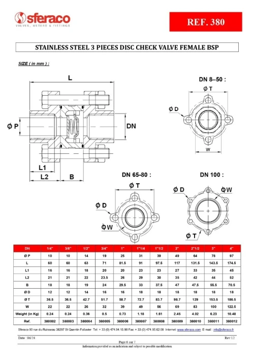 Clapet anti-retour 3 pièces inox à disque femelle BSP ACS DN40 et DN100