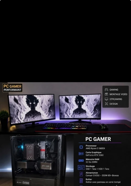 Pc gamer Rtx 5060 2tb stokage 32ram ddr4 rx5600x 550w carte mere rog stix