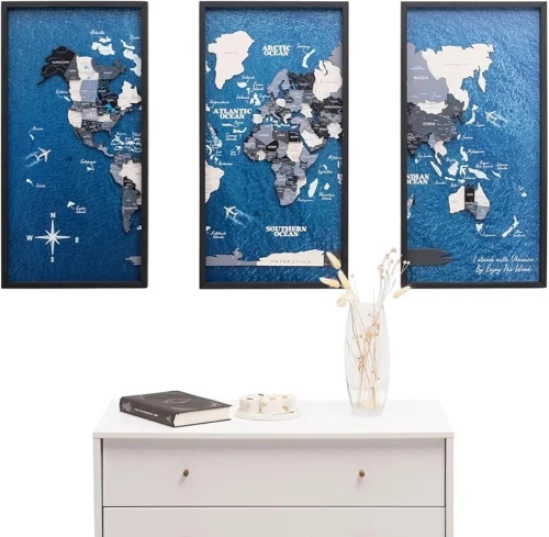 Art Mural carte du monde 3 panneaux