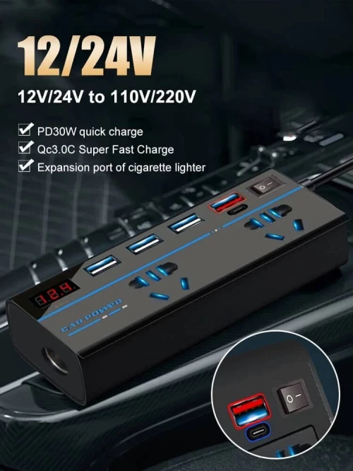 Adaptateur convertisseur de tension DC12V/24V vers AC110V/220V avec 2 prises CA et 4 ports USB