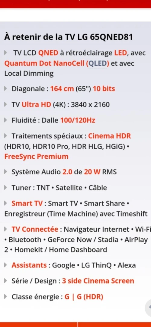 LG TV QNED 65 pouces