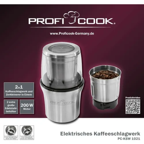 Moulin À Café Et Hachoir Électrique 2En1 En Inox 350mL 200W Proficook PC-KSW 1021 N