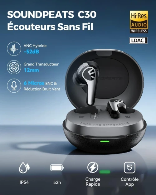 SoundPEATS C30 - ANC -52dB / Hi-Res Audio / 52H Batterie