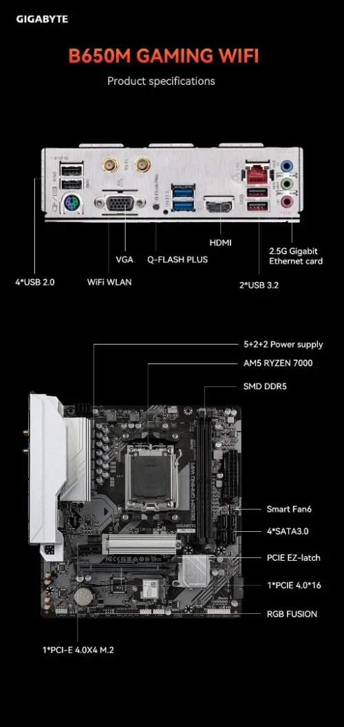Gigabyte B650M GAMING WIFI 5 - Micro ATX Socket AM5