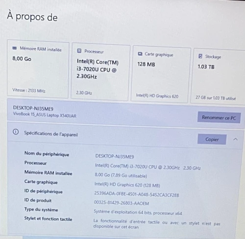 ASUS VivoBook 15 X540U - i3 7th Gen - 8Go RAM - Double Disque (128GB SSD + 1000Gb)