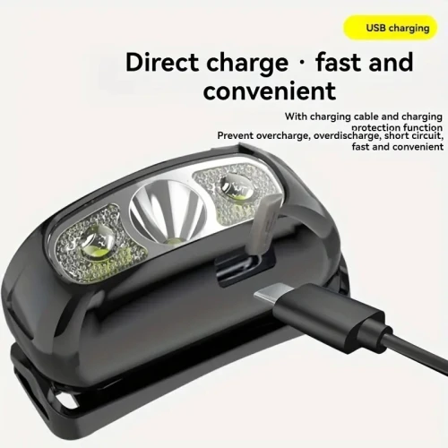 Lampe frontale puissante à capteur LED, lumière forte, mini USB rechargeable