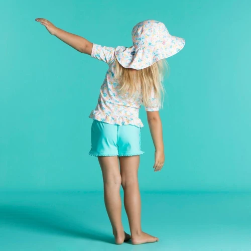 Chapeau decathlon Anti UV Bébé Réversible Rose Clair et Bleu Palmier