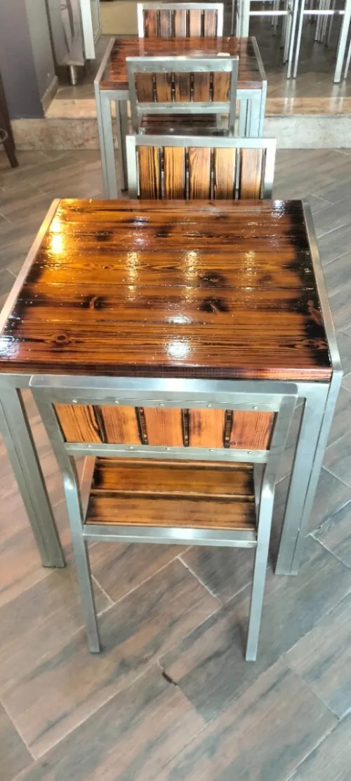 Lot complet tables & chaises inox AISI 304 + bois rouge américain idéal restaurant pizzeria