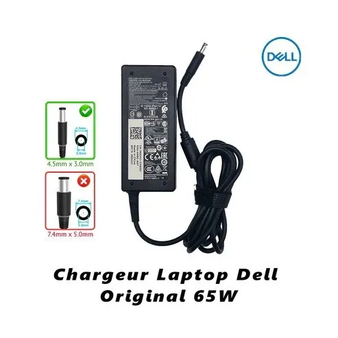 Chargeur Laptop Dell Original 65W 19.5V 3.34A Fiche XPS avec Câble Trèfle