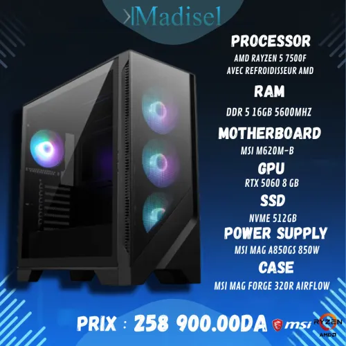 CONFIG GAMING CPU AMD RYZEN 5 7500F CARTE MERE MSI A620M-B SSD 512GB ALIMENTATION MSI MPG A850GS CONF DDRAM 5 16GB 5600 ACER MHZ CARTE GRAPHIQUE MSI RTX 5060 8GB BOITIER MSI MAG FORGE 320R AIRFLOW