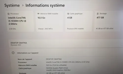 DELL precision 3551- i5 10300h Nvidia quadro p620 16gb 512 SSD