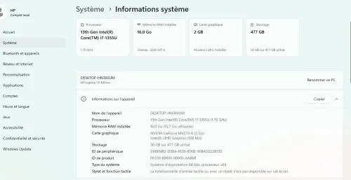 hp i7 13em nvidia MX570a 16gb 512 SSD