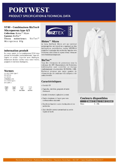 Combinaison jetable Portwest 