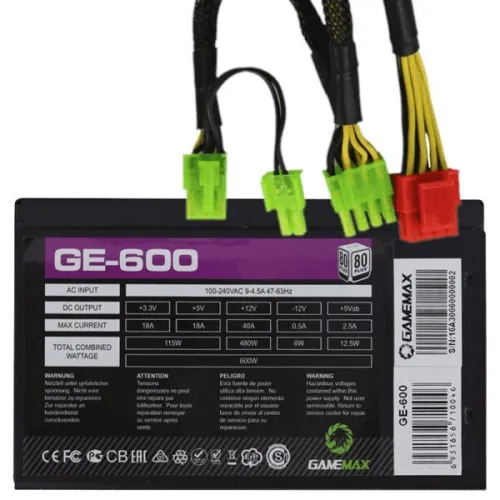GAMEMAX GE-600 Alimentation Gaming 600W 80+ Silent Ventilo