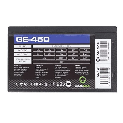 GAMEMAX GE-450 ALIMENTATION 450W/AC,FULL RANGE (110-220v) Pin plus longues