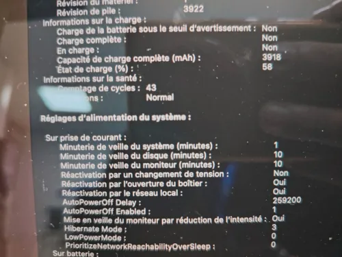Macbook pro touchbar 2018 ramené des usa cycle de charge 40