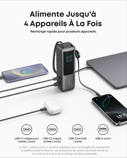 Power Bank Batterie Externe Anker Zolo (25K, 165 W, câble intégré + câble