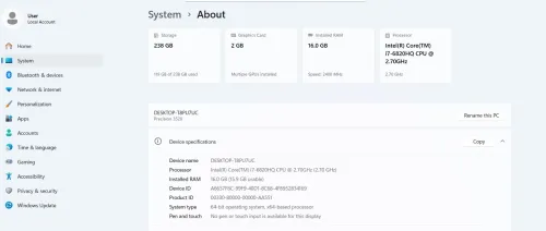 Dell Precision 3520, écran 15,6", CPU i7-6820HQ,GPU Quadro M620  256 SSD RAM 16GB