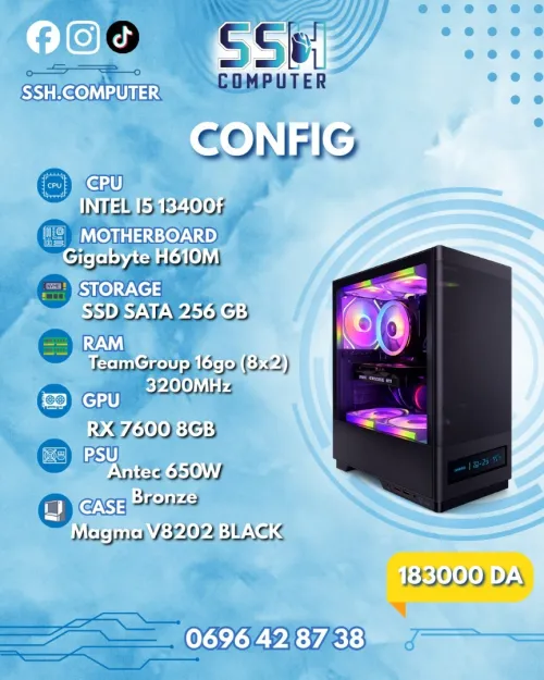 CONFIG PC GAMER - INTEL I5 13400F / RX 7600 8GB / 16GB RAM DDR4 / 256GB SSD SATA
