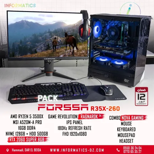 PC PACK FORSSA R35X-260S: RYZEN 5 3500X | A520M-A PRO | NVME 128GB + 500GB HDD | 16GB DDR4 | GTX 2060 SUPER 8GB | GAME REVOLUTION RAGNAROK 24" + COMBO GAMING 4IN1 NOVA