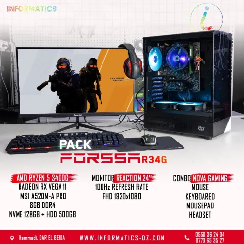 PC FORSSA PACK R34G: RYZEN 5 3400G | A520M-A PRO | NVME 128GB + 500GB HDD | 8GB DDR4 | RADEON RX VEGA 11 | ECRAN REACTION 100HZ 24" + COMBO GAMING 4IN1 NOVA