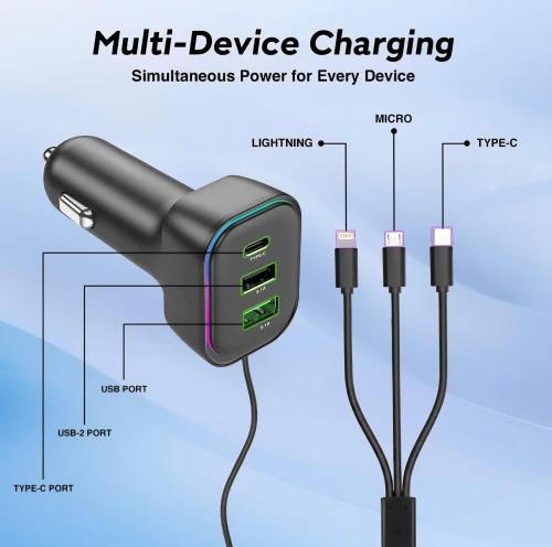 Chargeur de voiture USB -شاحن سيارة متعدد المنافذ بإضاءة RGB