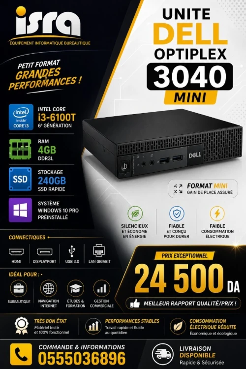 UNITE DELL 3040 MINI I3-6100T DDRIII 4GO - SSD 240GB