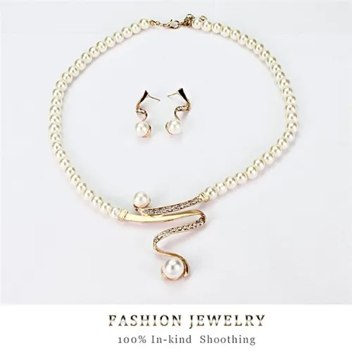 ENSEMBLE DE 2 PIÈCES POUR FEMME, COLLIER ET BOUCLES D'OREILLES EN PERLES ET STRASS