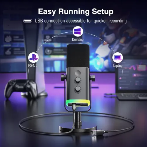 FIFINE AmpliGame AM8 USB/XLR Dynamic Microphone with RGB, Touch-mute