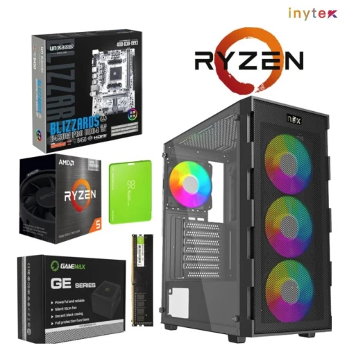 Unite Gamer AMD RZN5 3400G/CM UNIKA B450M PRO/DDR4 8G 3200Mhz/SSD 256 GB /PSU 550W/CASE NOX QUANTUM full Black plus 4Pcs Fans RGB
